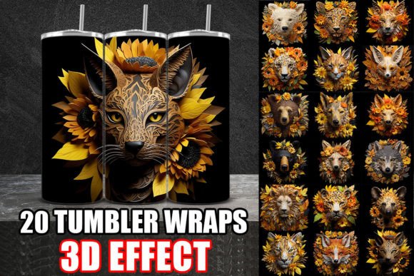 3D Yellow Flowers Animals Tumbler Wrap Design Asset